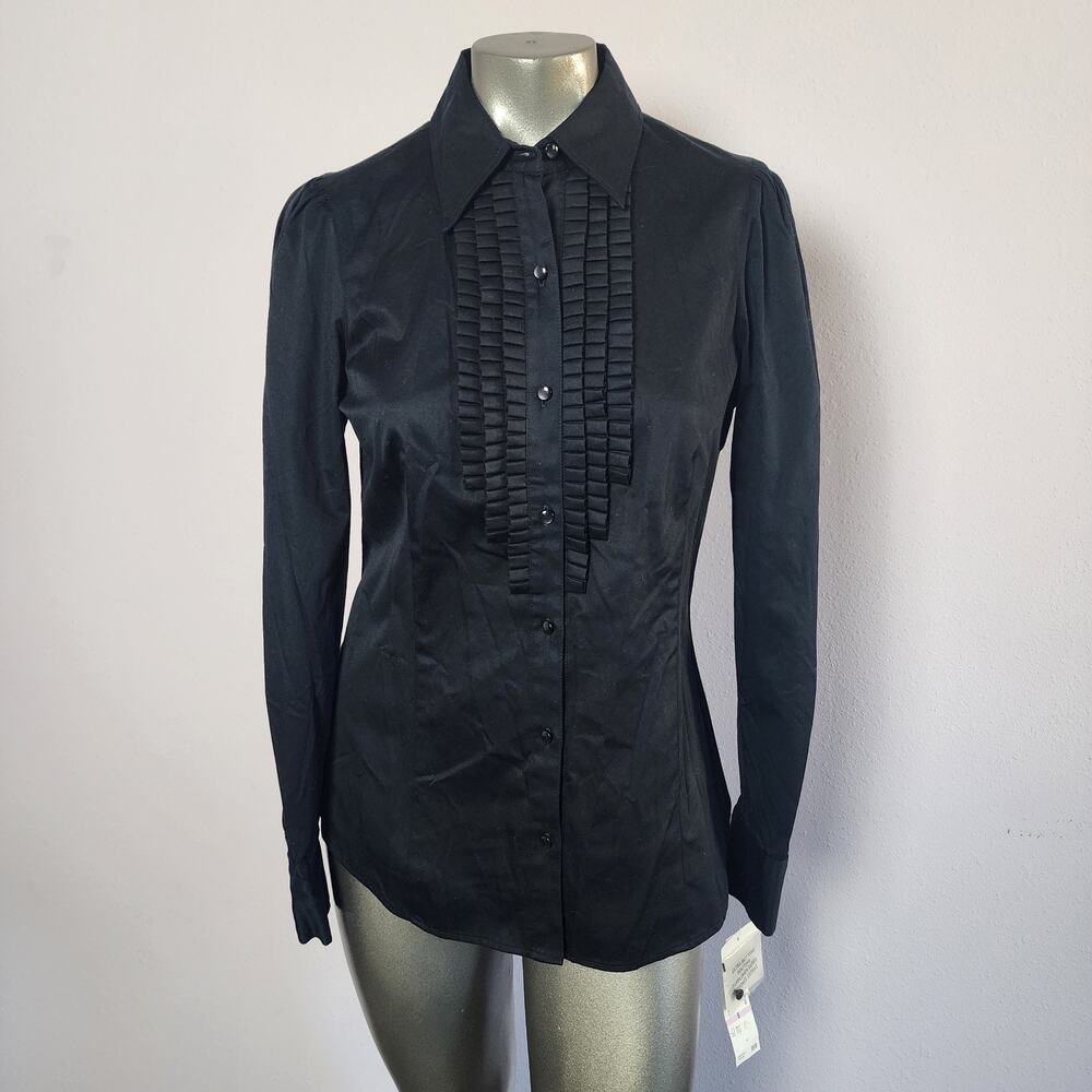 NWT Anne Klein Stretch Pintuck Puff Sleeve Black Button Up Shirt | Womens 6